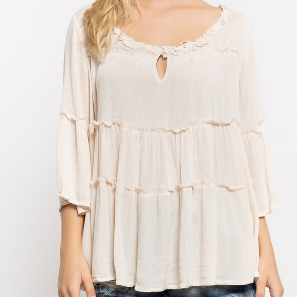 Bohemian Raw Hem Self Ruffle Flowy Bell Sleeve Top - Picture 3 of 6
